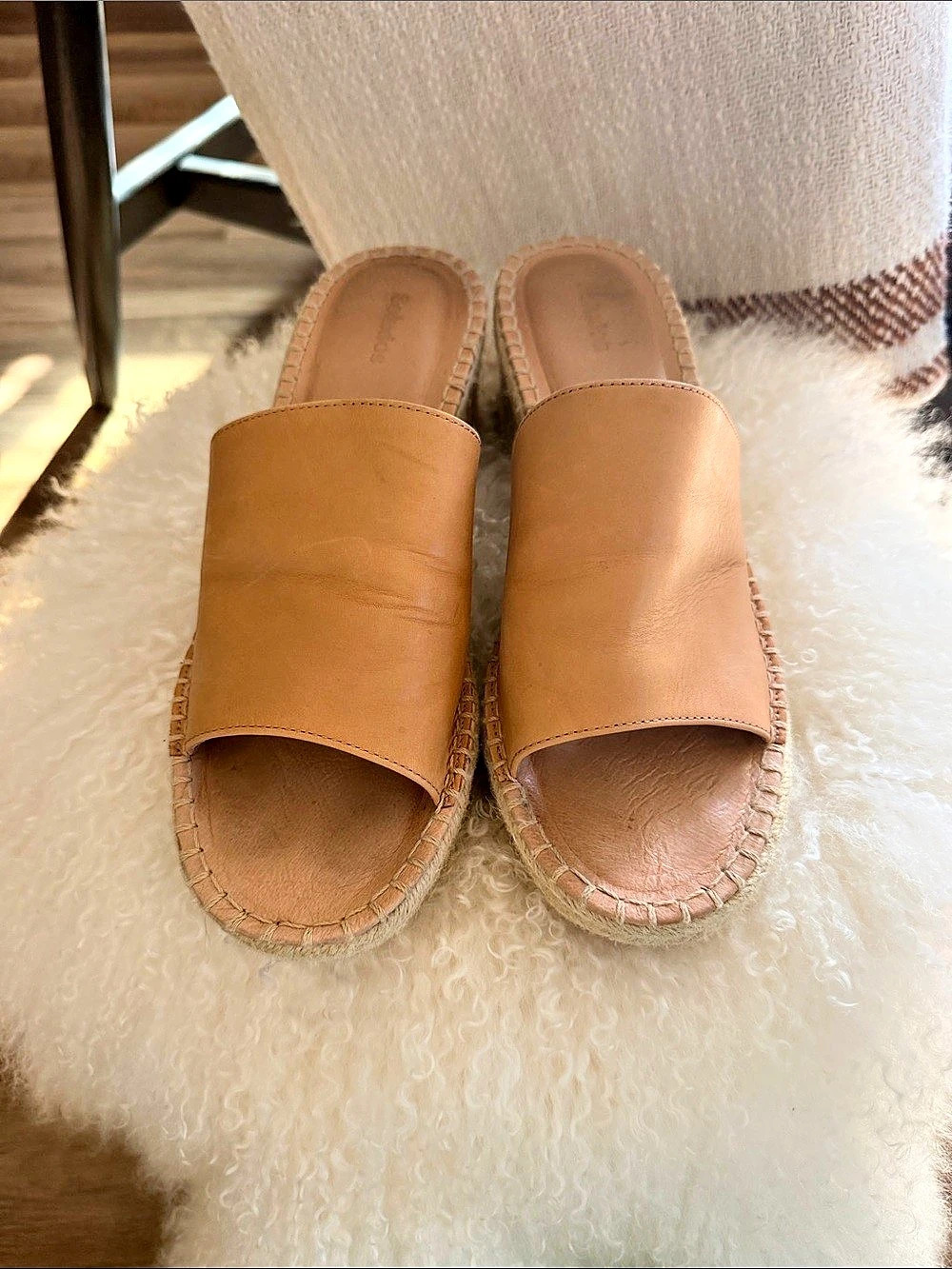 Soludos IBIZA CLASSIC WEDGE SLIDE Leather Brown Espadrille Jute Wedges